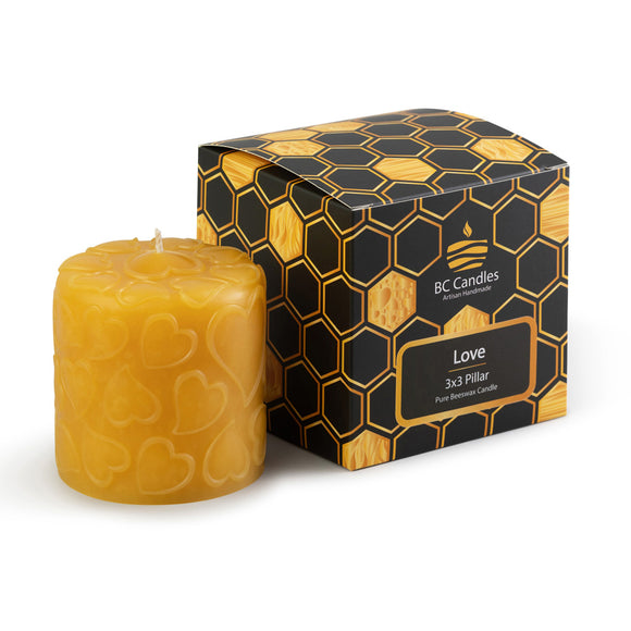 love pure beeswax pillar candle with packaging